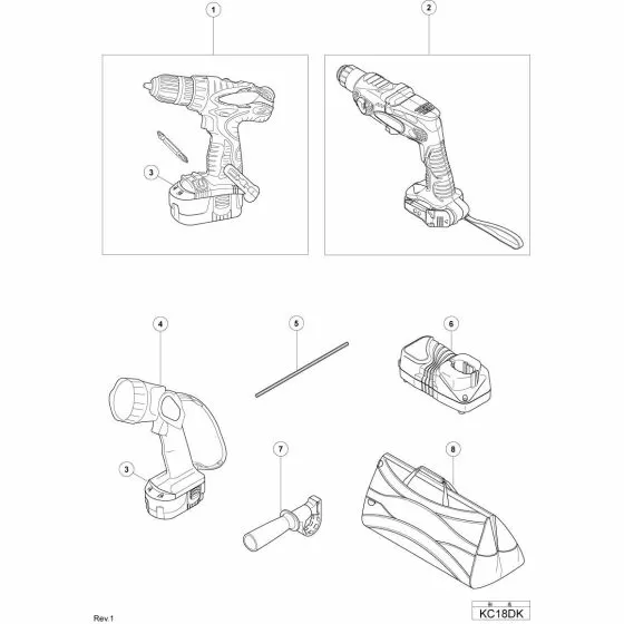 Hitachi KC18DK MODEL DH 18DMR CORDLESS ROTARY HAMMER Spare Part