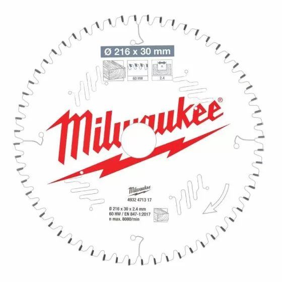 Milwaukee 216mm x 30mm 60T Wood Cutting Circular Saw Blade 4932471317