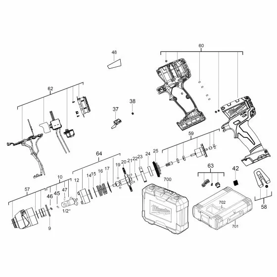 Milwaukee M18 CIW12 IMPACT BOLT 4931448718 Spare Part Serial No: 4000433135 Exploded Diagram